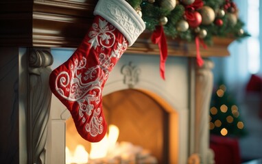 Details, objects of a beautiful Christmas interior. Hall, living room, office with a fireplace. New Year's room with a wreath, a garland, gifts.