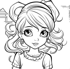 Cute girl vector image, black and white coloring page