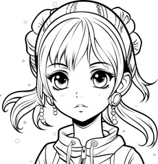 Cute girl vector image, black and white coloring page