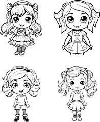 Cute girl vector image, black and white coloring page
