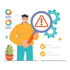 Risk Assessment concept. Confident man with magnifying glass focuses on hazard symbol, illustrating proactive hazard identification and prevention strategy. Secure operations focus. Flat vector