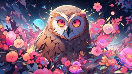 Hand drawn cartoon illustration of owl among flowers under the starry sky at night
