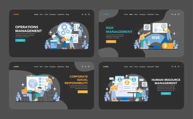 Strategy and management night or dark mode web or landing page set. Presenting operations, risk, corporate social responsibility, and human resource management. Flat vector illustration.