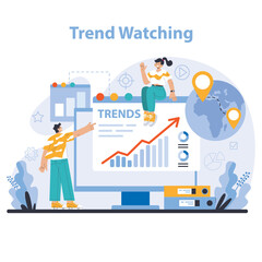 Trend watching. Specialist tracking new business trends. Forecasting, data analysis and promotion strategy development. Flat vector illustration