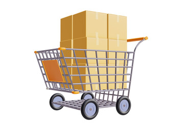 shopping cart, realistic or cartoon 3D illustrations with parcel boxes, online marketing, supermarket Department store, retail - clipping path