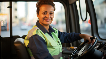 Smiling woman driving bus while working as professional driver. - obrazy, fototapety, plakaty
