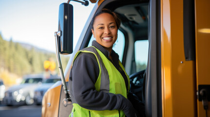Smiling woman driving bus while working as professional driver.