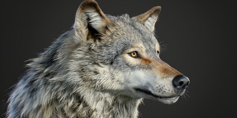 Fototapeta premium A wolf's face, with hyper-detailed fur, is portrayed against a black background.