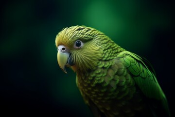 A digital art animal photo presents a green parrot with a long yellow beak against a dark background.
