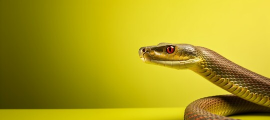 A highly detailed golden snake is portrayed against a soft yellow background. - obrazy, fototapety, plakaty