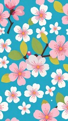 The image features a graphic design with pink and white cartoon-style flowers bordering a sky-blue field, with brown branches extending across the design. It suggests a sense of space and nature.