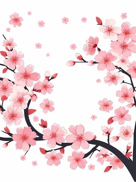 The image displays an elegant cherry blossom branch with delicate pink flowers against a white background, creating a natural frame effect.


