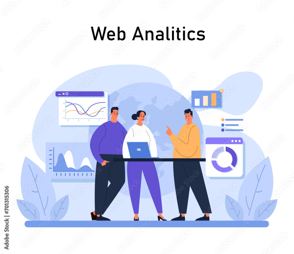 Poster web analytics highlighted. team of three collaborates on website data, deciphering growth trends on 