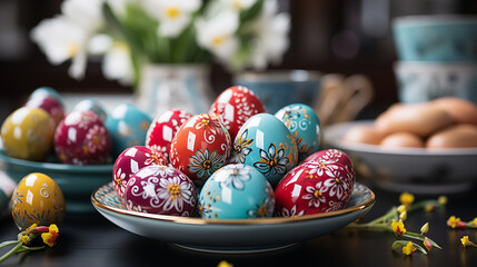 Fototapeta na wymiar Painted eggs on plate, easter decorations.