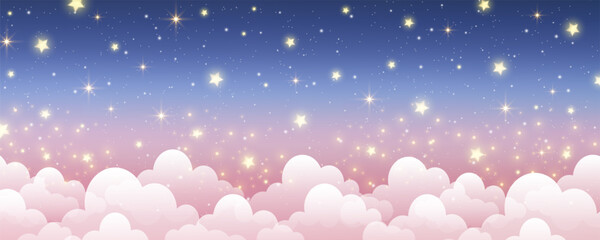 Sky with stars and clouds. Magical landscape, abstract light pink and dark blue pastel fabulous galaxy. Cute glitter fantasy wallpaper. Vector.