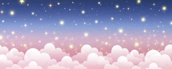 Tuinposter Sky with stars and clouds. Magical landscape, abstract light pink and dark blue pastel fabulous galaxy. Cute glitter fantasy wallpaper. Vector. © Chorna_L