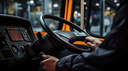 Interior of cab airport transfer bus with driver in motion on fast speed by highway - obrazy, fototapety, plakaty