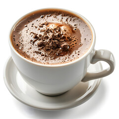 Hot Chocolate Malt Drink in white mug isolated on white background. Clipping path.