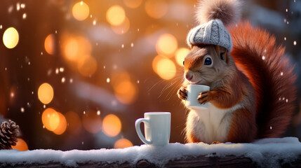 A cheerful cute squirrel in a knitted hat drinks cocoa from a cup against the background of a winter forest with fir trees, snow and colorful lights. Postcard for the New Year holidays, Generative Ai
