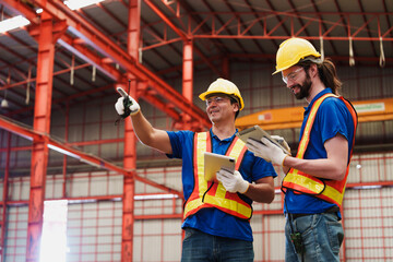 Factory workers or engineer worker working for check and analyze newly arrived goods using laptop and digital tablet, teamwork and synergy concept