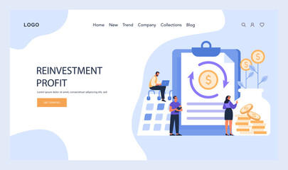 Reinvestment Profits web or landing. Demonstrates the cycle of reinvesting earnings to cultivate financial growth and capital gains. Flat vector illustration