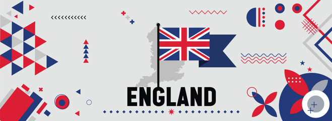 England national or independence day banner for country celebration. Flag and map of Britain with raised fists. Modern retro design with typorgaphy abstract geometric icons. Vector illustration. - obrazy, fototapety, plakaty