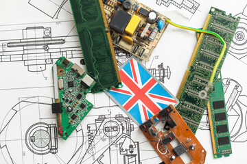 United Kingdom flag in the center of a circuit board. Concept of leadership in technology,...
