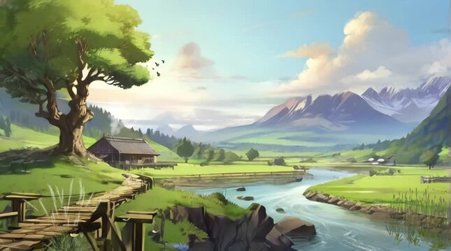 illustration of a peaceful mountain valley view in the countryside. Animated video of a view with a flowing river. Animation video