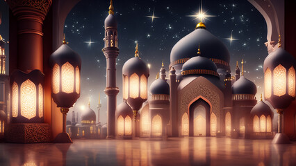 Mosque with aesthetic architecture and lantern decorations with the atmosphere of the month of Ramadhan