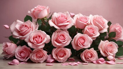 Delicate pink roses blossom in a colorful floral arrangement
