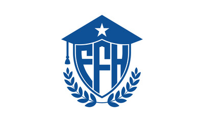 FFH three letter iconic academic logo design vector template. monogram, abstract, school, college, university, graduation cap symbol logo, shield, model, institute, educational, coaching canter, tech