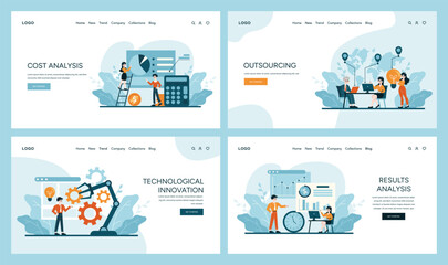 Dynamic web banner set illustrating key aspects of Cost Optimization: meticulous cost analysis, global outsourcing advantages, technological innovation, and results analysis. Flat vector illustration