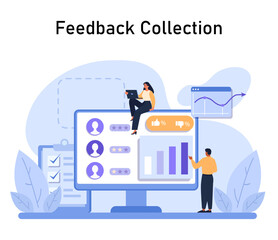 Team analyzing customer feedback on large screen, emphasizing data-driven insights from ratings, reviews, and performance graphs. Flat vector illustration.