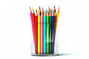 Colored pencils stand in a glass with the point upwards on a white background