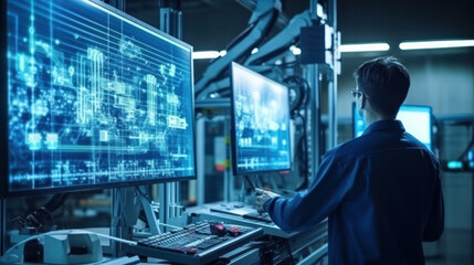 Fototapeta premium Industry 4.0 Modern Factory: Project Engineer Talks to Female Operator who Controls Facility Production Line, Uses Computer with Screens Showing AI, Machine Learning Enhanced Assembly Process