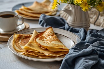Crepes thin pancakes, traditional russian dessert . Tasty breakfast on themodern kitchen