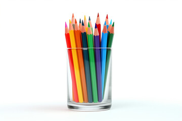 Colored pencils stand in a glass with the point upwards on a white background