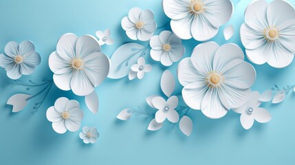 3D White Flowers With Blue Background