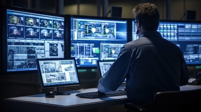 Industry 4.0 Modern Factory: Project Engineer Talks to Female Operator who Controls Facility Production Line, Uses Computer with Screens Showing AI, Machine Learning Enhanced Assembly Process