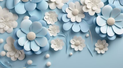 Fototapeta na wymiar 3D White Flowers With Blue Background