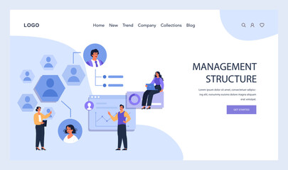 Management Structure concept. Team collaborating on a digital chart, showcasing hierarchical positions in a modern corporate setup. Efficient organizational design. Flat vector illustration.