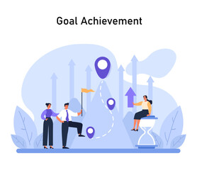 Goal Achievement concept. Dedicated team stands triumphantly amidst rising arrows, marking progress and mastery during the onboarding journey. Flat vector illustration.
