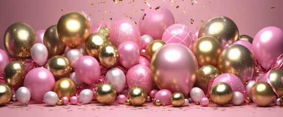 Festive for various occasions with a holiday theme. It has ribbons, confetti and balloons in pink and gold colors.
