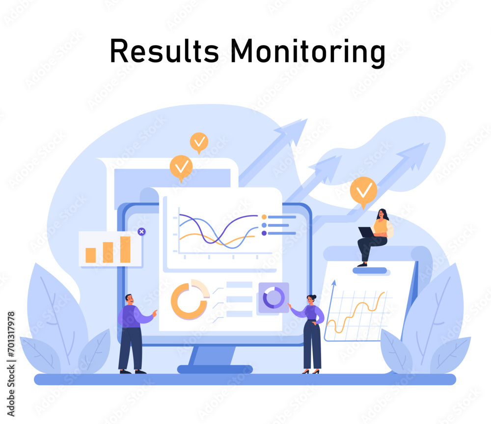 Poster results monitoring concept. professionals scrutinize data analytics for insights and performance met