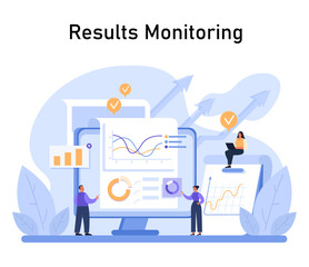 Fototapeta na wymiar Results Monitoring concept. Professionals scrutinize data analytics for insights and performance metrics, essential in marketing strategy development. Data-driven decision-making. vector illustration