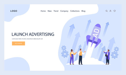 Launch Advertising concept. Marketers celebrate the kickoff of a dynamic ad campaign, aiming for market penetration and brand awareness. Strategic promotion. Flat vector illustration