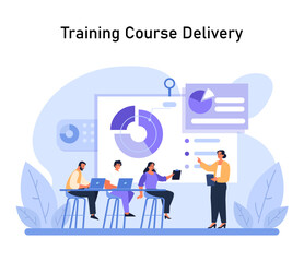 Dynamic instructor leads eager students in modern training room. Engaging course delivery with digital tools, showcasing data and fostering skill enhancement. Future of classroom learning. Flat vector