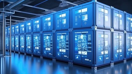 Modern accounting and warehousing of containers in large storage areas. Digital neon illumination of storage bins, their numbers and names of packaged goods with delivery addresses.