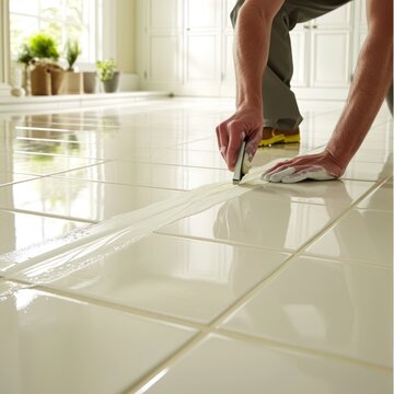 The Art of Tiling: Close up of someone grouting  floor tiles - AI Generated Digital Art