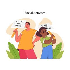Social Activism concept. Youthful voices amplify the call for justice, as two teens confidently take a stand for change, illustrating their pivotal role in societal shifts. Flat vector illustration